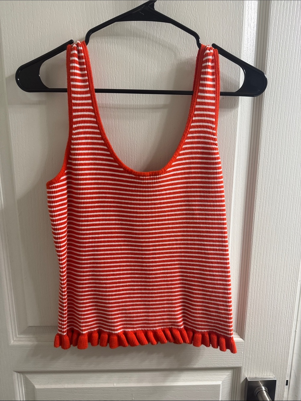 Sleeveless Red and White Striped Knit Tank with Ruffled Hem